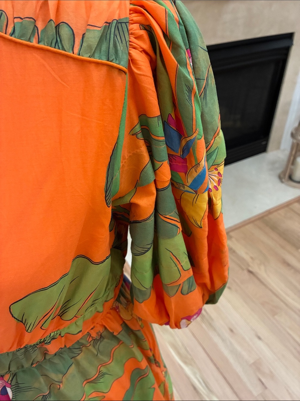 Women’s Orange Tropical Print Maxi Dress with Puff Sleeves - Picture 10 of 11